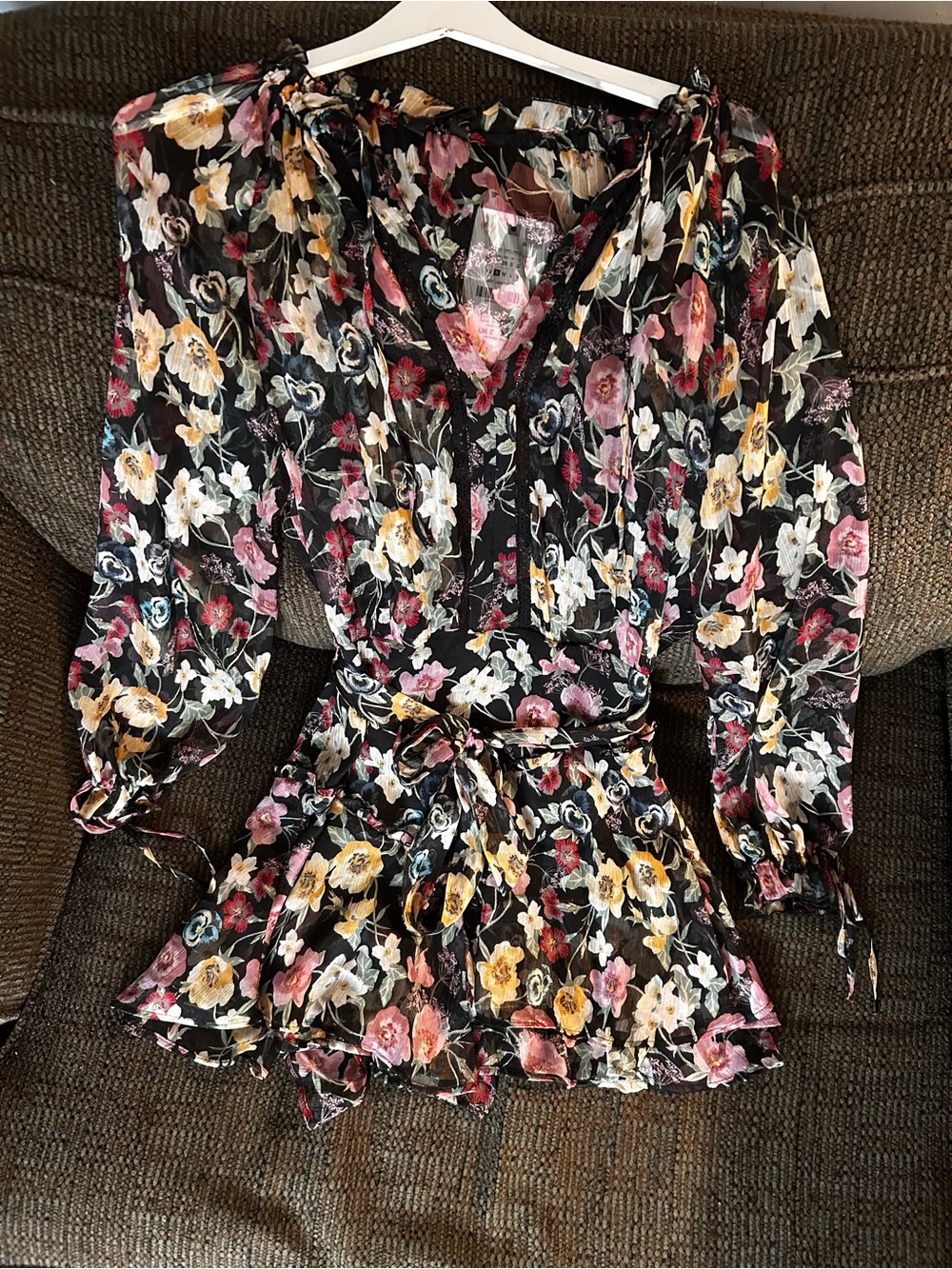 Floral Black Sheer Long-Sleeve Ruffled Dress